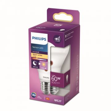 Bec LED Philips Dusk to Dawn, alb cald, E27, 7.5 W – 60 W, 2700 K