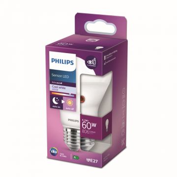 Bec LED Philips Dusk to Dawn, alb rece, E27, 6.5 W – 60 W, 4000 K