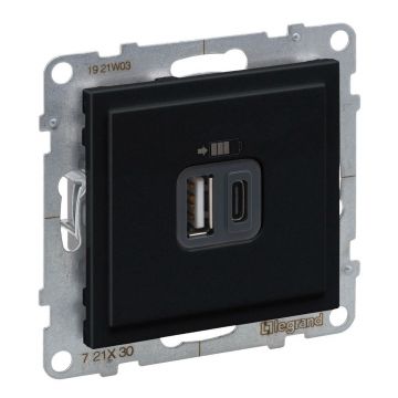 Incarcator USB dublu tip A+C, Legrand New Suno L721430, negru