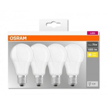 Set 4 Becuri LED Osram A 75, forma standard, E27, 10 W, 1055 lm, lumina calda 2700 K