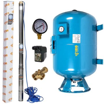 Set Hidrofor 150L Vertical/Orizontal cu Pompa Submersibila IBO Dambat 2.5STM31, 550 W, 45l/min, H Refulare 85 m, 2.5 Toli, cablu 20 m