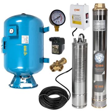Kit hidrofor 100L vertical/orizontal cu pompa submersibila IBO Dambat 4SDM4/14, 1.1kW, debit 100l/min, racord 1.5 toli, rezistenta la nisip