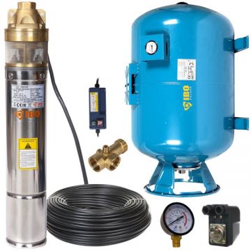 Kit hidrofor 100L vertical/orizontal cu pompa submersibila IBO Polonia 4SKM150 cu panou control, 1100W, debit 50l/min, H refulare 107m, 20m cablu