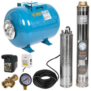 Kit hidrofor 24L cu pompa submersibila IBO Dambat 4SDM4/14, 1.1kW, debit 100l/min, H refulare 102m, racord 1.5 toli, rezistenta la nisip