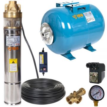 Kit hidrofor 50L cu pompa submersibila IBO Polonia 4SKM150 cu panou control, 1100W, debit 50l/min, H refulare 107m, 20m cablu