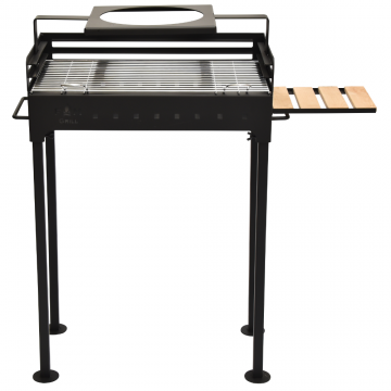 Gratar gradina FM Grill Premium, carbuni/lemn, otel, cu suport ceaun, masuta detasabila, deplasabil, 67 x 40 cm