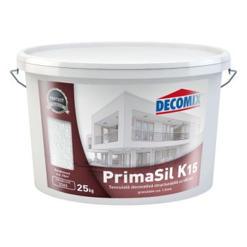 Tencuiala decorativa siliconica Decomix PrimaSil, aspect praf de piatra, granulatie 1.5 mm, interior/exterior, alb, 25 kg