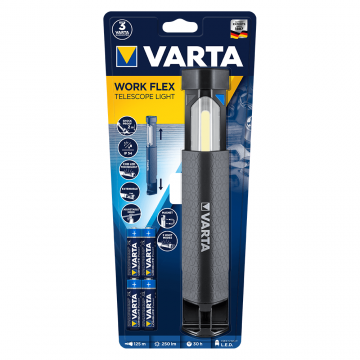 Lanterna LED Varta Work Flex Telescope Light, 250 lm, 2 moduri iluminare, carlig si magnet pentru prindere, IP54