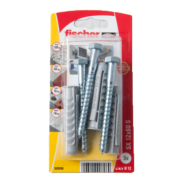 Diblu din nailon cu surub, Fischer SX, 12 x 60 mm, 8 x 80 mm, 3 buc
