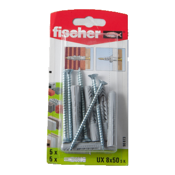 Diblu din nailon cu surub, Fischer UX, 8 x 50 mm, 5 x 65 mm, 5 buc