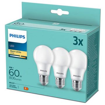 Pachet 3 becuri LED A60 E27 8W (60W) 806 lm lumina alba calda (2700K)