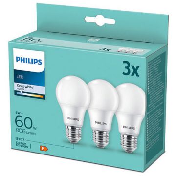 Pachet 3 becuri LED A60 E27 8W (60W) 806 lm lumina alba rece (4000K)