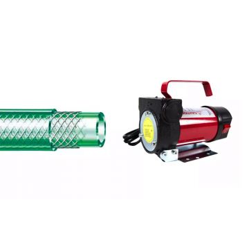 Pachet pompa transfer combustibil, 12V cu autoamorsare + Furtun pentru combustibil, PVC, insertie textila, rola 10m