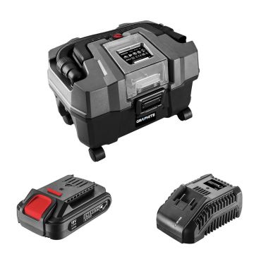 Aspirator de atelier umed uscat, cu acumulator 2 Ah, incarcator 18V Li-ion,functie suflare, cu accesorii, Graphite Energy