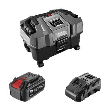 Aspirator de atelier umed uscat, cu acumulator 4 Ah, incarcator 18V Li-ion,functie suflare, cu accesorii, Graphite Energy