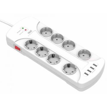 Prelungitor Well, 8 prize, 3m, 4x USB, cu protectie la suprasarcina si supratensiune, cablu 3x1.5mmp