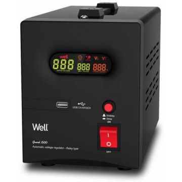 Stabilizator automat de tensiune cu releu 1500VA, negru Well