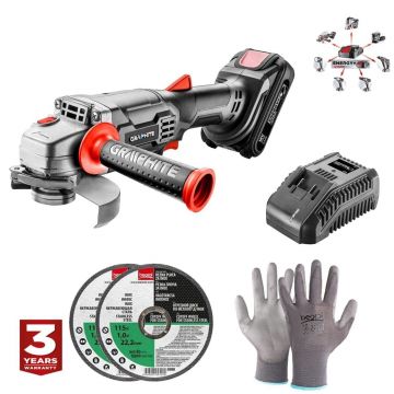 Polizor unghiular, flex,cu acumulator 2 Ah, incarcator 18V Li-ion, + 2 discuri, manusi, 115 mm, Graphite Energy