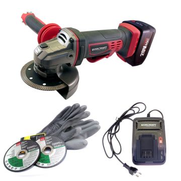 Polizor unghiular, flex, cu acumulator 4 Ah, incarcator 20V Li-ion,+ 2 discuri si manusi, 115 mm, Worcraft