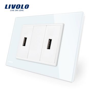Priza dubla USB Livolo cu rama din sticla – standard italian Priza dubla USB Livolo cu rama din sticla – standard italian