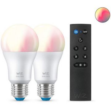 Bec Pachet 2 becuri LED inteligente Connected A60 Wi-Fi + Bluetooth E27 8W (60W) lumina alba si colorata compatibil Google Assistant/Alexa/Siri + Telecomanda