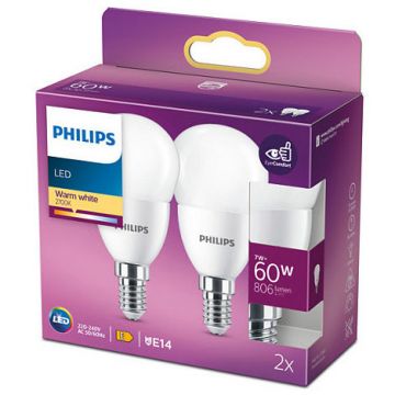 Pachet 2 becuri LED P48 EyeComfort E14 7W (60W) 806 lm lumina alba calda (2700K)