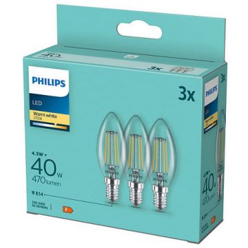 Pachet 3 becuri LED Filament lumanare si lustra B35 E14 4.3W (40W) 470 lm lumina alba calda (2700K)