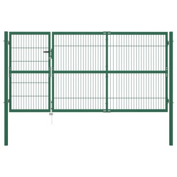 Poartă gard de grădină cu stâlpi verde 350 x 140 cm oțel