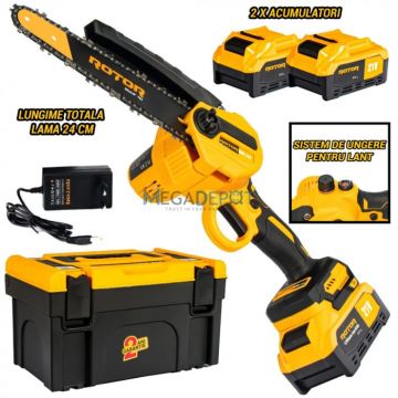 Fierastrau de mana cu acumulator Rotor RMC218, 2 acumulatori, lama 24 cm, sistem de ungere lant, 21V, 3Ah, 21V 3Ah, geanta de transport