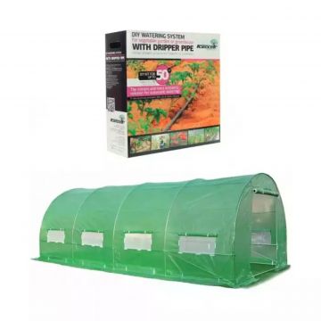 Pachet solar gradina, sera legume 10 x 3 x 2 m + Kit sistem de irigare prin picurare, maxim 50 mp