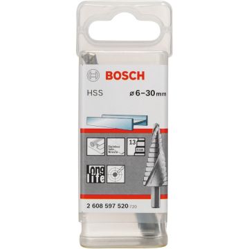 Bosch HSS step drill, 6mm - 30mm (13 steps, with spiral flute) Bosch HSS step drill, 6mm - 30mm (13 steps, with spiral flute)