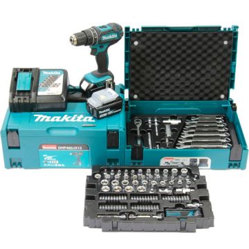cordless impact drill DHP482JX13, 18V (blue/black, 2x Li-Ion battery 3.0Ah, MAKPAC, 120-piece tool set)
