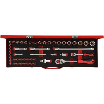 Red socket set 1/4 + 1/2, 49 pieces (red, with 2 switching creaking, SW 4mm - 24mm)