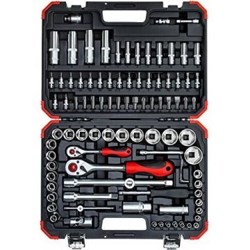 Red socket wrench set 1/4 + 1/2, 94 pieces (red / black, with reversible ratchets, SW 4mm - 32mm)