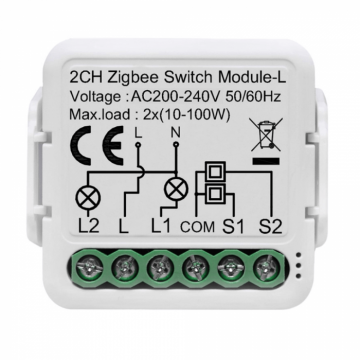 Comutator Smart pentru iluminat, 2 canale, fara nul, Zigbee, 220V, 2.4GHz