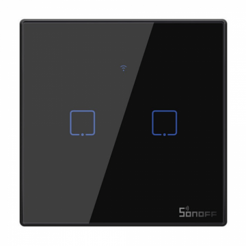 Intrerupator smart cu touch, Wifi + RF, 2 canale, negru, 433MHz, Sonoff T3EU2C-TX