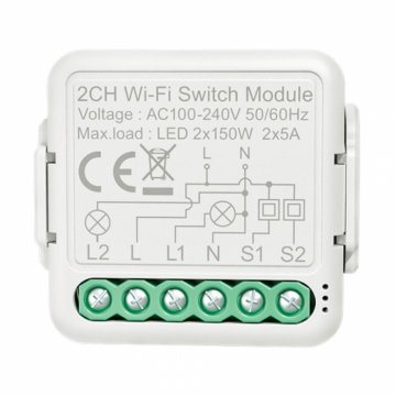 Releu Smart pentru sisteme de iluminat, Wifi, 2 canale, 220V, 2.4GHz