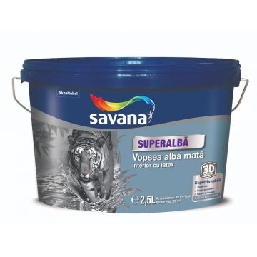 Vopsea superlavabila interior Savana 3D, cu latex, alb mat, 2.5 l