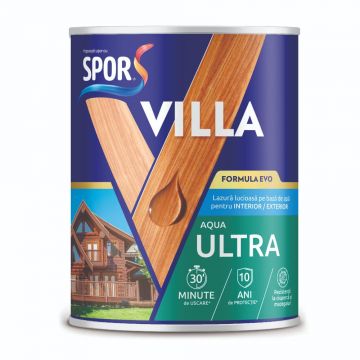 Lazura pentru lemn Spor Villa Aqua Ultra, pe baza de apa, gri glaciar, interior/exterior,  0.75 l