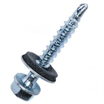 Surub autoforant cap hexagonal DIN 7504K, cu saiba, D19, otel zincat alb, 6.3 x 38 mm