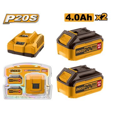 Baterie (Acumulator) 20V 4Ah Set 2 Bucati cu Incarcator P20S, Ingco FBCPK1424