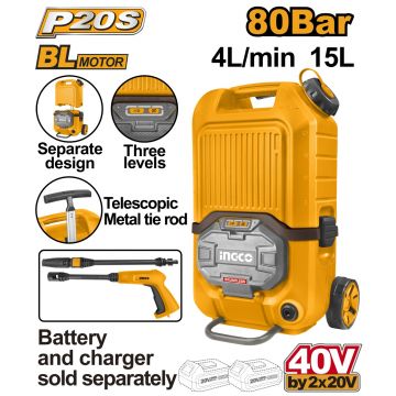 Aparat de Spalat cu Presiune turbojet 40V, 90bar, 15l, electric pe acumulator Ingco CPWLI4006