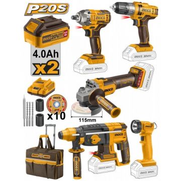 Set Kit de Scule electrice cu 2 acumulatori, flex, bormasina, rotopercutor, cheie impact, lanterna Ingco CKLI2019