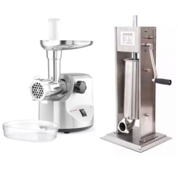 Pachet Masina de tocat carne, 400W, 100-300 Kg/h + Aparat umplut Carnati ML-S5, Mecanic, Inox Integral, 5 Kg 6 Palnii