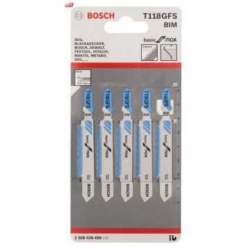 Bosch  T 118 GFS - Set panze fierastrau pendular tija cu un prag de prindere (T) 83 mm inox taiere dreapta fina 5 bucati