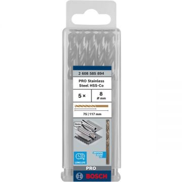 Bosch  PRO Stainless Steel HSS-Co - Set burghie metal HSS-CO 8  mm tija cilindrica 5  bucati