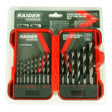 Raider  157791 - Set 15 burghie lemn cu varf ascutit 3-10  mm tija cilindrica