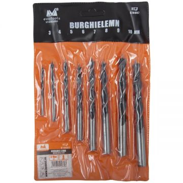 Evotools  678007 - Set burghie lemn cu varf ascutit 3-10  mm tija cilindrica 8 bucati