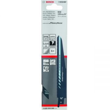 Bosch  S 925 HBF - Set panze fierastrau sabie bimetal 150 mm 10+12+14 dinti/inch dantura 3x3 Tooth Geometry Micro Edge 5 bucati