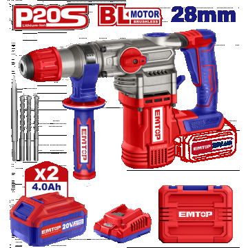Ciocan rotopercutor cu 2 acumulatori 4.0Ah, motor brushless, 28mm, 4.5J, 3 burghie incluse - ELRH202882, EMTOP